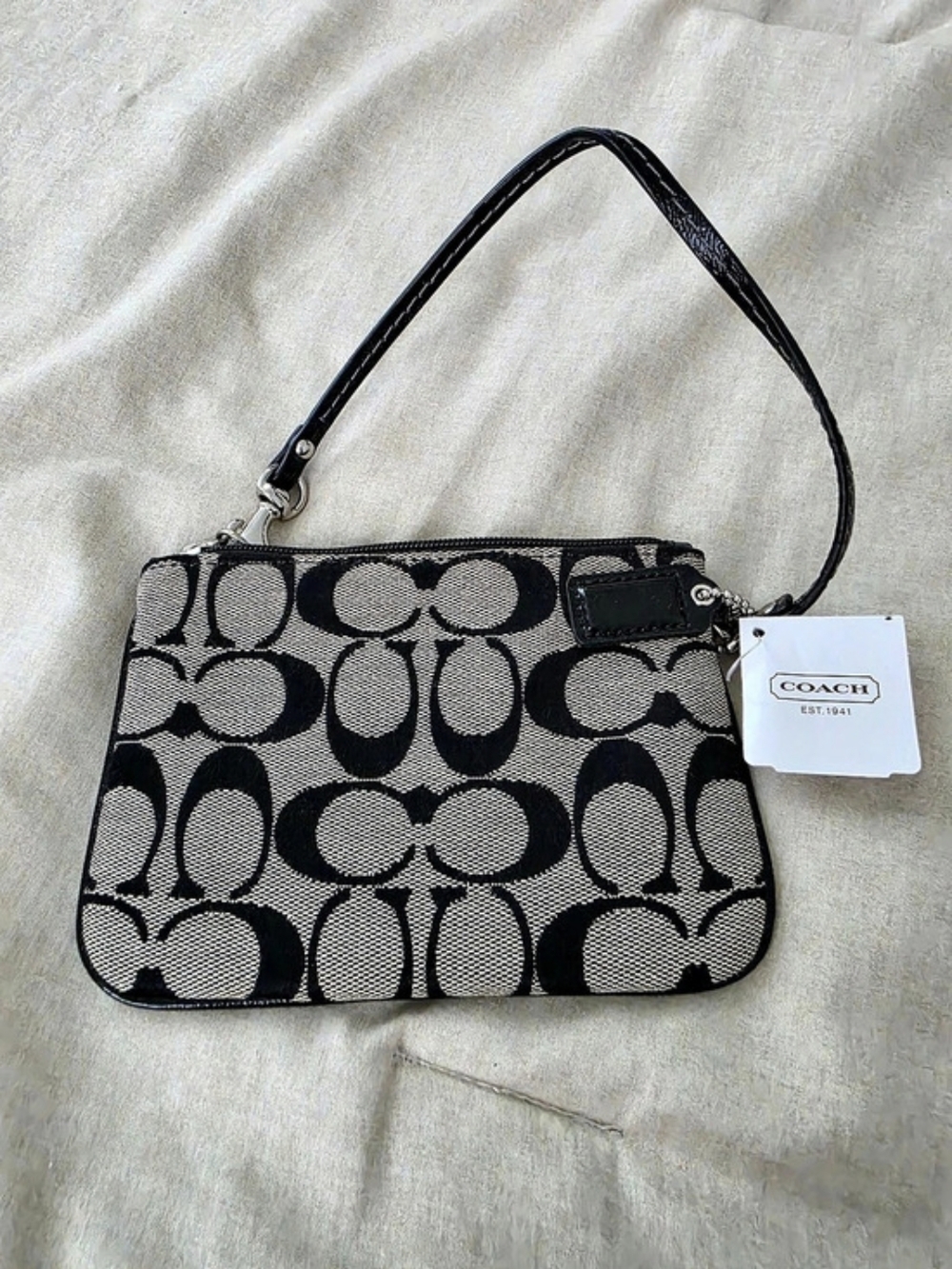 Coach Signature Stripe Demi Wristlet in Black & White